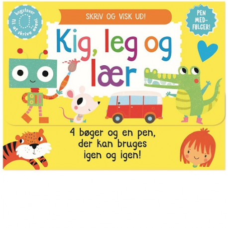 Skriv og visk ud - Kig, leg og lær (kuffert med 4 bøger og pen)