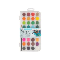 36 akvarelfarver i en gennemsigtig palet