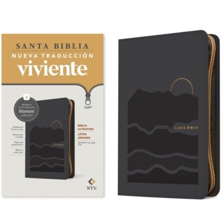 Biblia ultrafina NTV, letra grande de ziper con Filament (SentiPiel, Gris, Letra Roja)