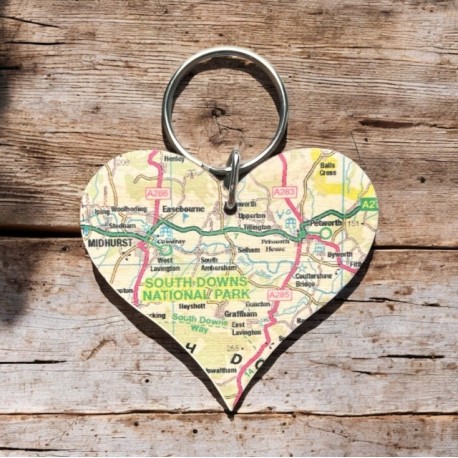 OS Map Wooden Heart Key-ring - South Downs National Park