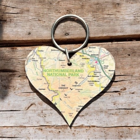 OS Map Wooden Heart Key-ring - Northumberland National Park
