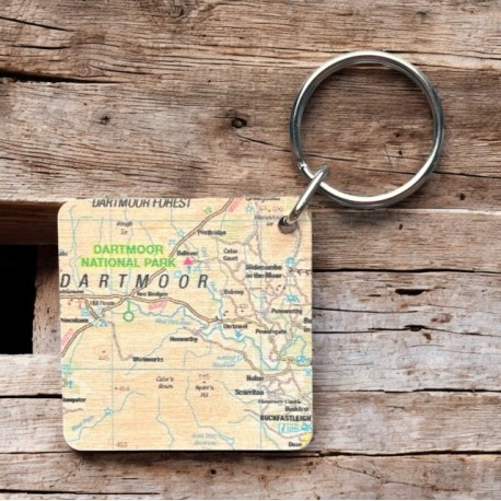 OS Map Wooden Square Key-ring - Dartmoor National Park