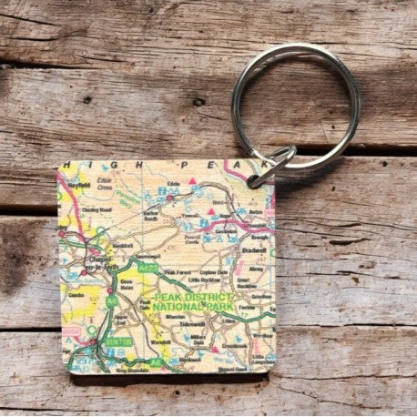 OS Map Wooden Square Key-ring - Peak District National Park