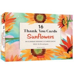 16 Thank You Cards, Sunflowers: 4 1/2 x 3 inch blank cards in 8 Lovely Designs (2 each) with 16 Envelopes