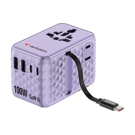 VERBATIM 100W Univ. Travel Adapter Retractable Cable Purple
