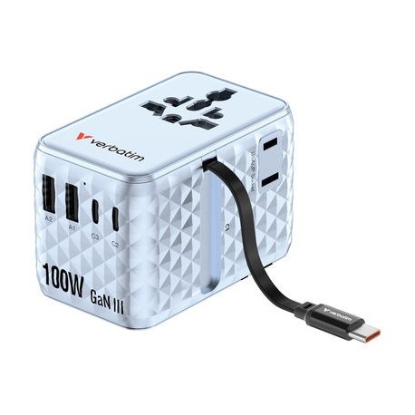 VERBATIM 100W Univ. Travel Adapter Retractable Cable Blue