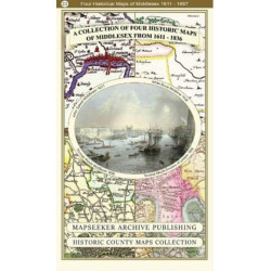 A Middlesex 1611 – 1836 – Fold Up Map that features a collection of Four Historic Maps, John Speed’s County Map 1611, Johan Blaeu’s County Map of 1648, Thomas Moules County Map of 1836 and a Map of the Environs of London 1836.